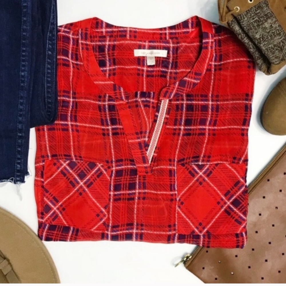 skies are blue | arturo red plaid popover blouse s
